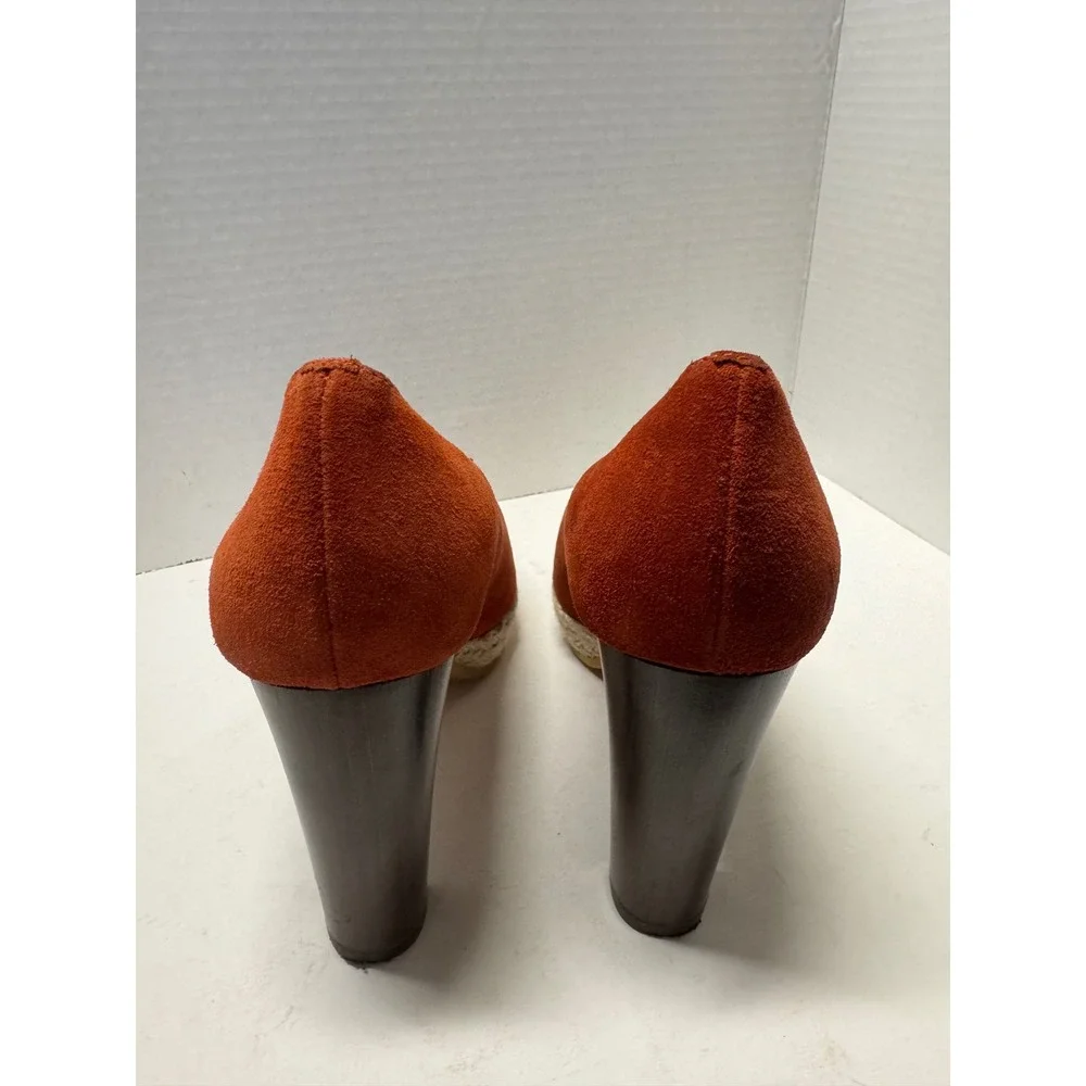 Boss Orange Burnt Orange Suede Peep Toe Platform Espadrille Block Heels 39 8.5